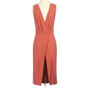 Free People Rising Sun Ribbed Midi Faux Wrap Vneck Dress Red orange Small NEW